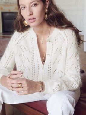 Sezane Mario- Cream Open-Knit Button Front Women's Sweater Cardigan
